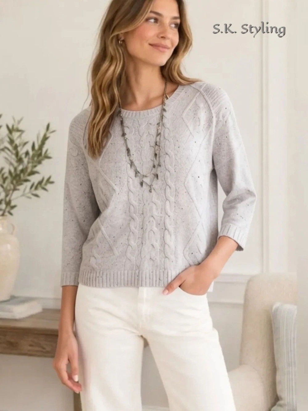 Old Navy Boxy Cable Knit Speckled Sweater 3/4 Cuffed Dropped Sleeve size Large